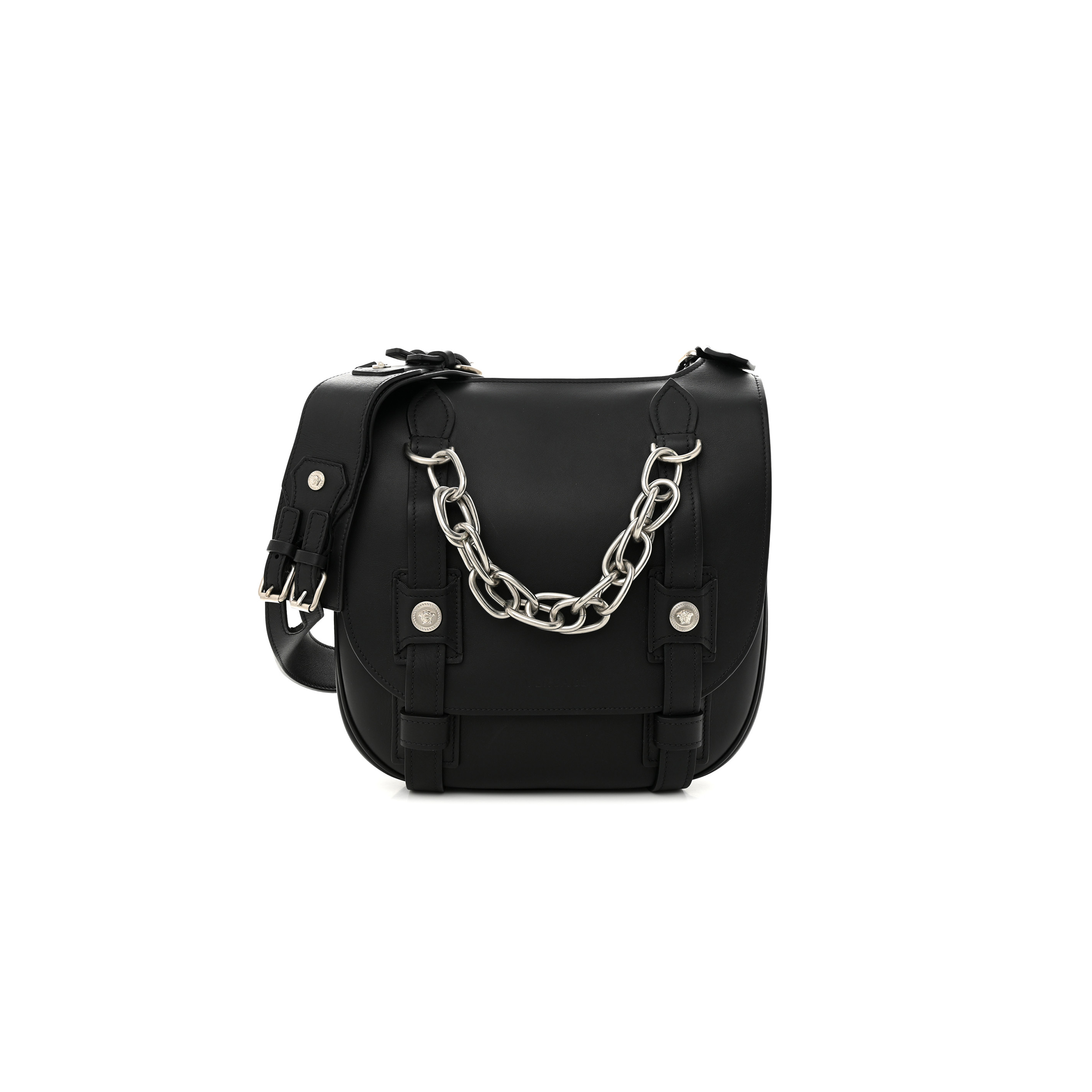 VERSACE CALFSKIN SMALL BIKER CHAIN SATCHEL BLACK  (29*29*10cm)