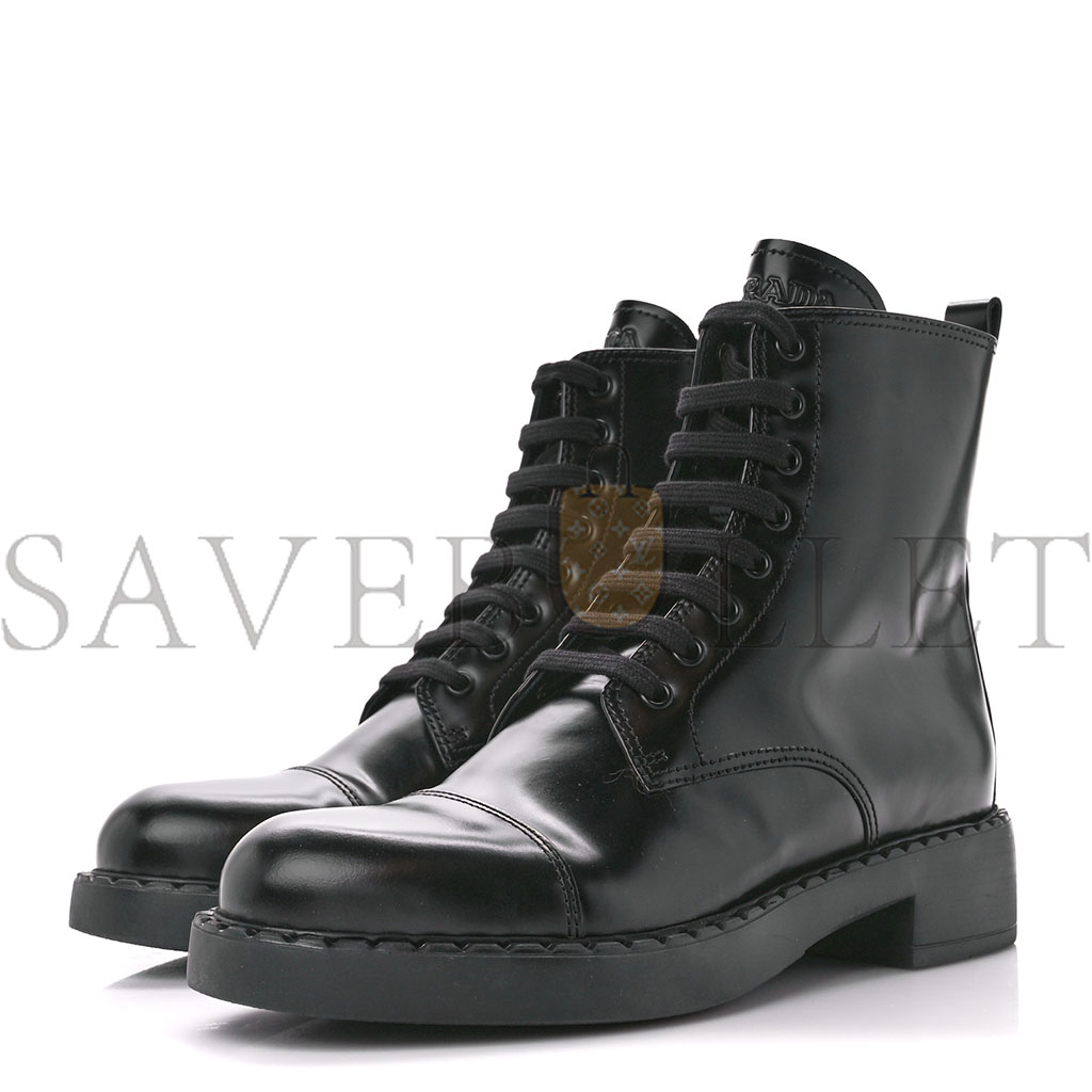 PRADA SPAZZOLATO CHOCOLATE 50MM COMBAT BOOTS 40 BLACK