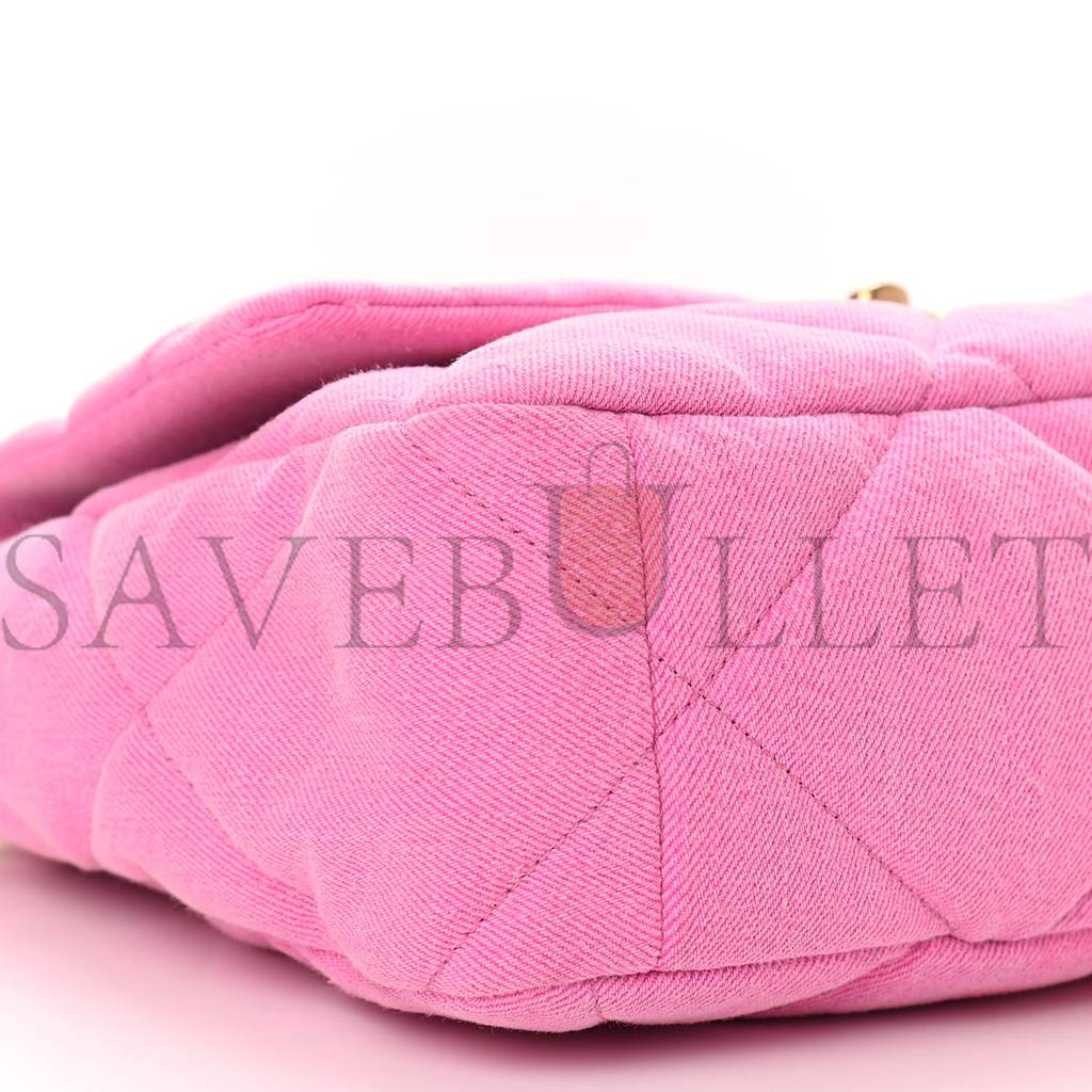 CHANEL DENIM QUILTED LARGE CHANEL 19 FLAP NEON PINK GOLD HARDWARE (30*20*10cm)