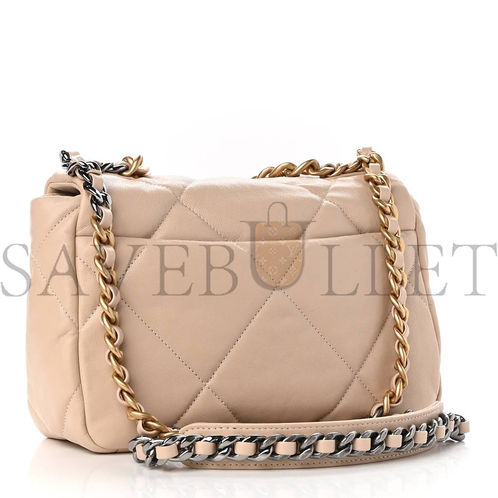 CHANEL GOATSKIN QUILTED MEDIUM CHANEL 19 FLAP LIGHT BEIGE GOLD HARDWARE (25*15*8cm)