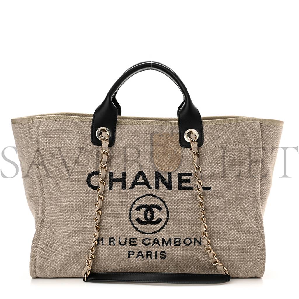 CHANEL MIXED FIBERS MEDIUM DEAUVILLE TOTE BEIGE BLACK (38*28*20cm)