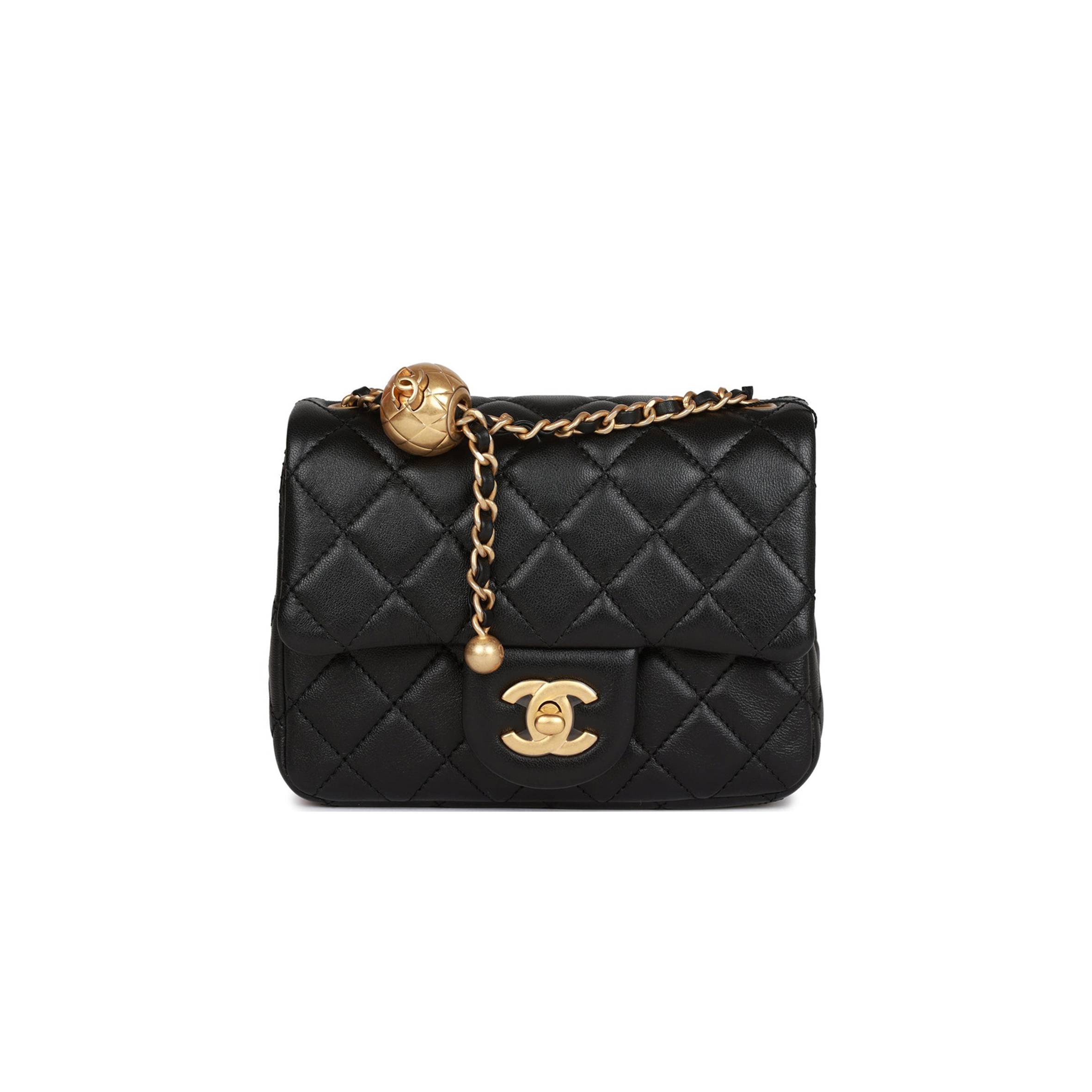 CHANEL PEARL CRUSH MINI SQUARE FLAP BAG BLACK LAMBSKIN ANTIQUE GOLD HARDWARE  (17*14*8cm)