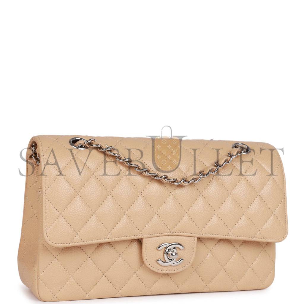 CHANEL MEDIUM CLASSIC DOUBLE FLAP BAG BEIGE CAVIAR SILVER HARDWARE (25*15*7cm)