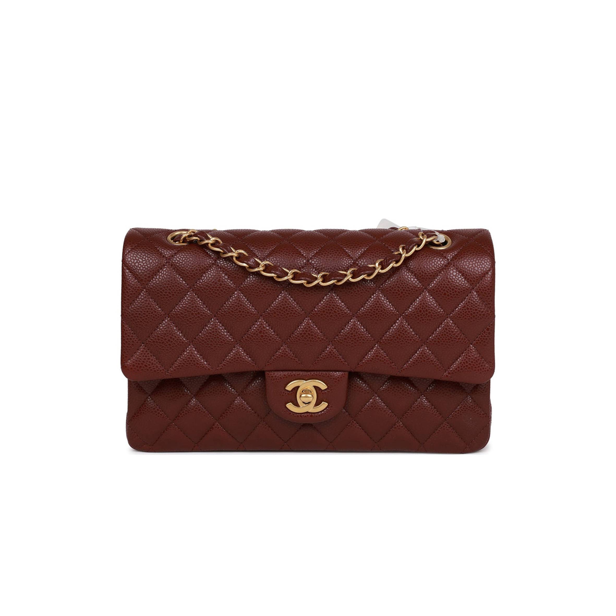 CHANEL MEDIUM CLASSIC DOUBLE FLAP BAG BURGUNDY CAVIAR ANTIQUE GOLD HARDWARE (25*15*7cm)