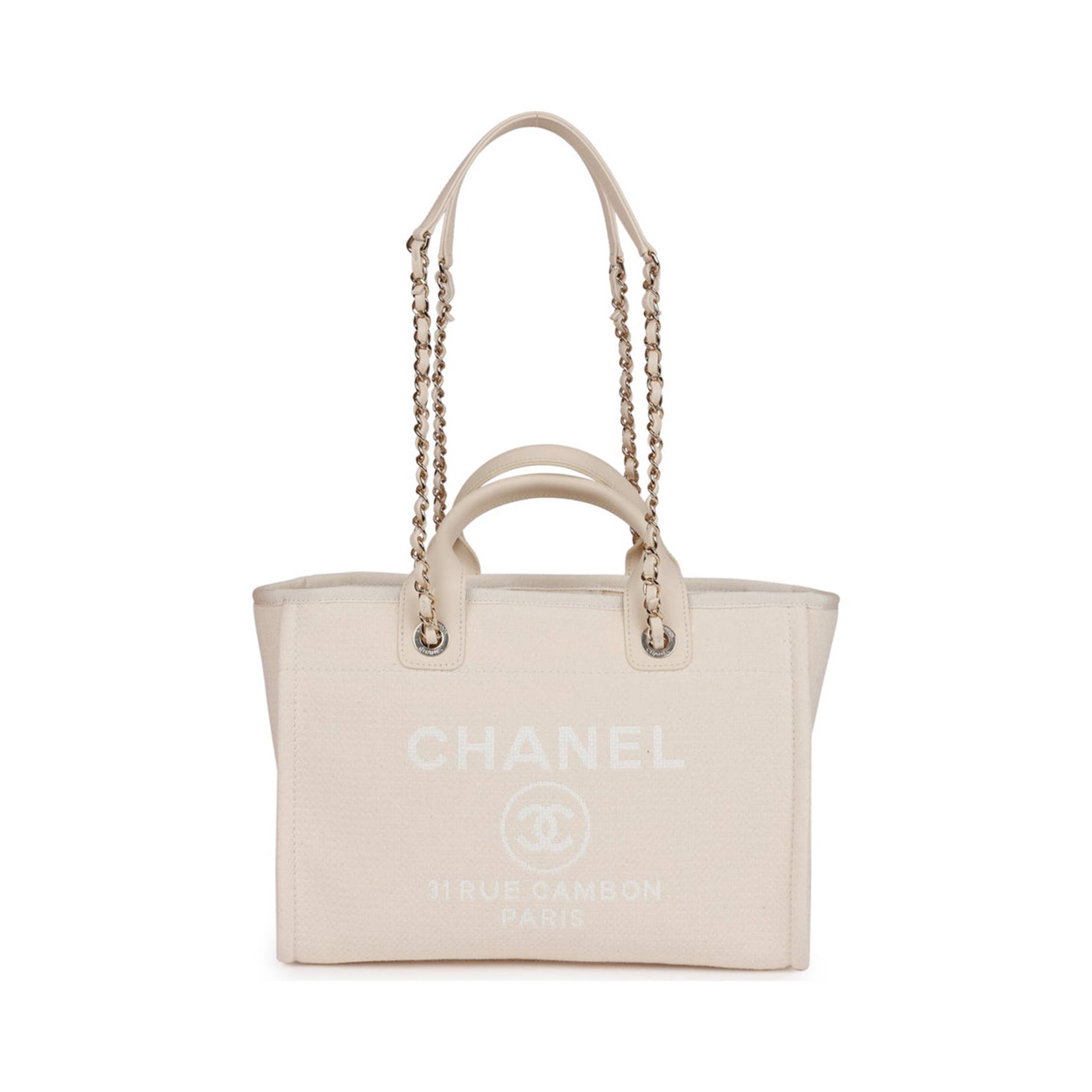 CHANEL SMALL DEAUVILLE SHOPPING BAG WHITE BOUCLE LIGHT GOLD HARDWARE (34*27*15cm)