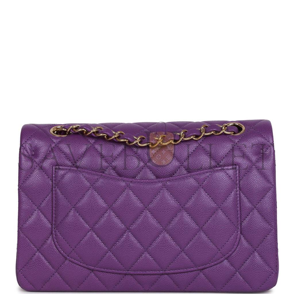 CHANEL SMALL CLASSIC DOUBLE FLAP PURPLE CAVIAR LIGHT GOLD HARDWARE (23*13*6cm)