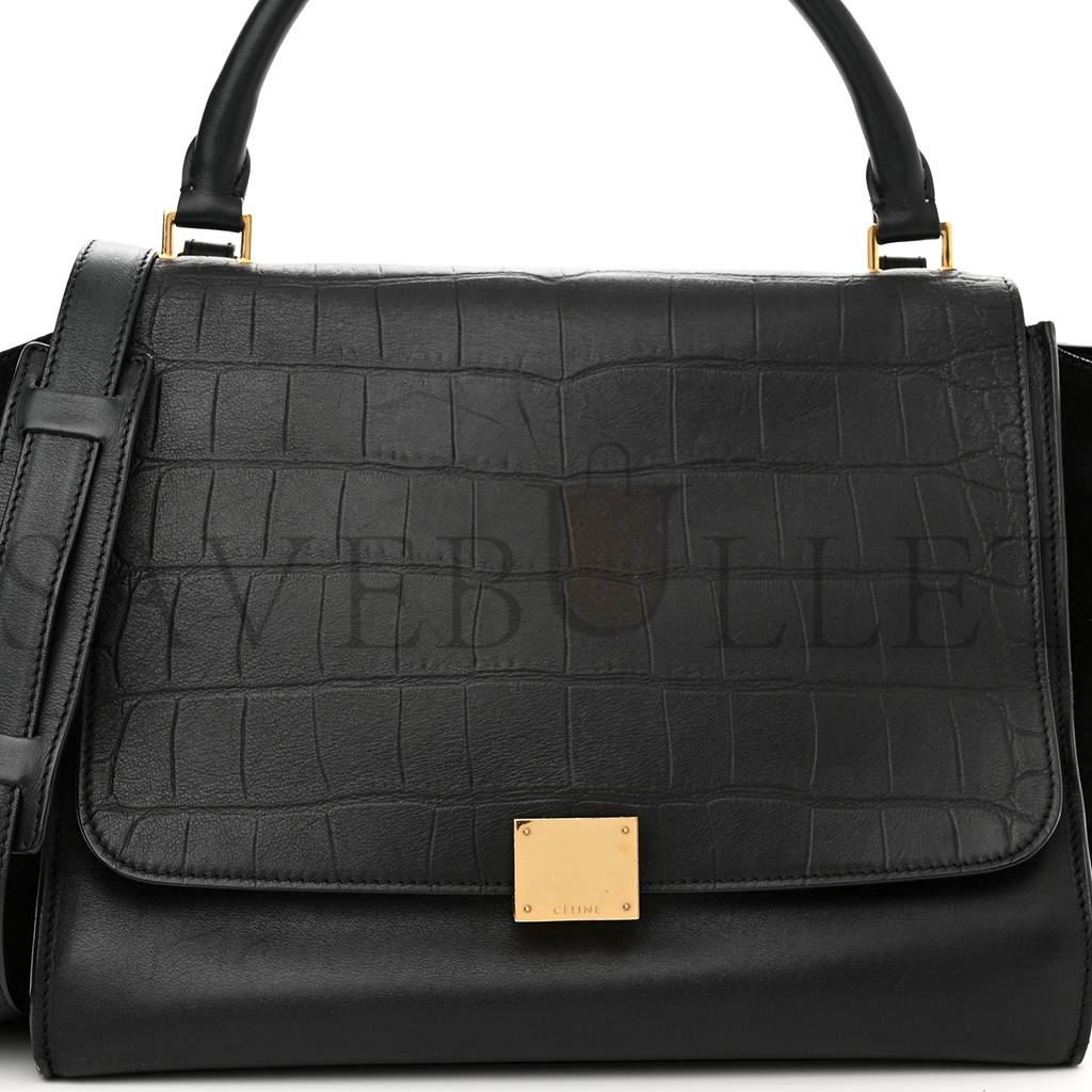 CELINE CROCODILE EMBOSSED CALFSKIN SUEDE MEDIUM TRAPEZE BLACK (30*25*18cm)